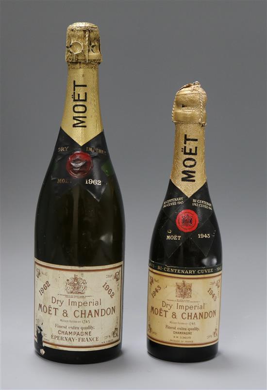 One bottle of Moet & Chandon champagne 1962 and one half bottle of Moet & Chandon champagne 1943